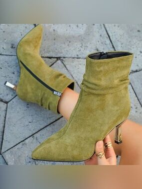 Olive Green Suede Pointed Toe Ankle Boots with Metallic Heel